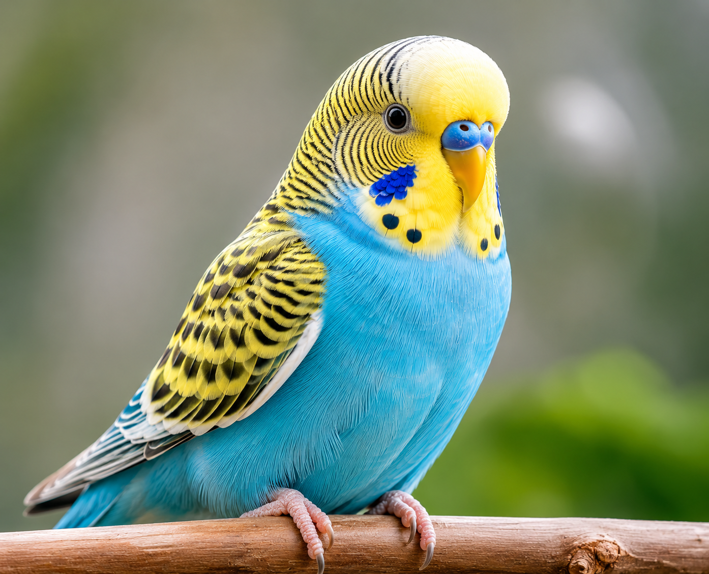 A colorful budgerigar with yellow, blue, and black feathers, perched on a wooden branch.