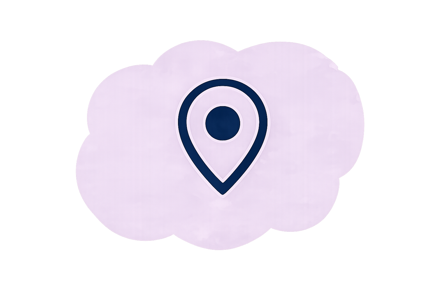 A cloud-shaped sign with a location pin icon in the center, displayed on a lit or illuminated surface.