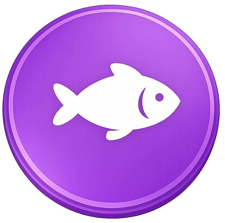 A purple circular icon with a white fish silhouette in the center.