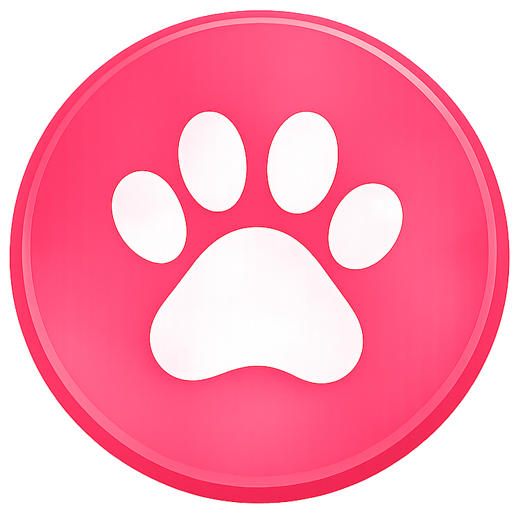 Pink circular button with a white paw print in the center.