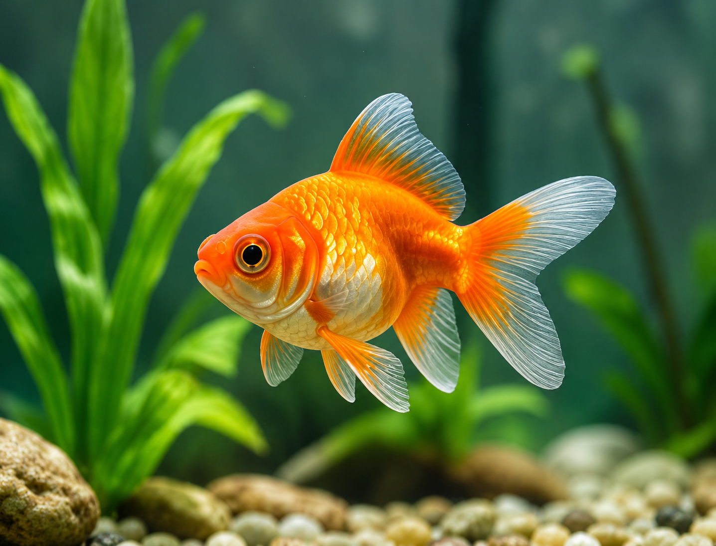 A bright orange goldfish swimming in an aquarium with green aquatic plants and pebbles at the bottom.