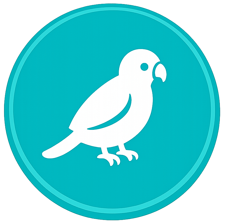 White cartoon parrot icon inside a blue circular background.