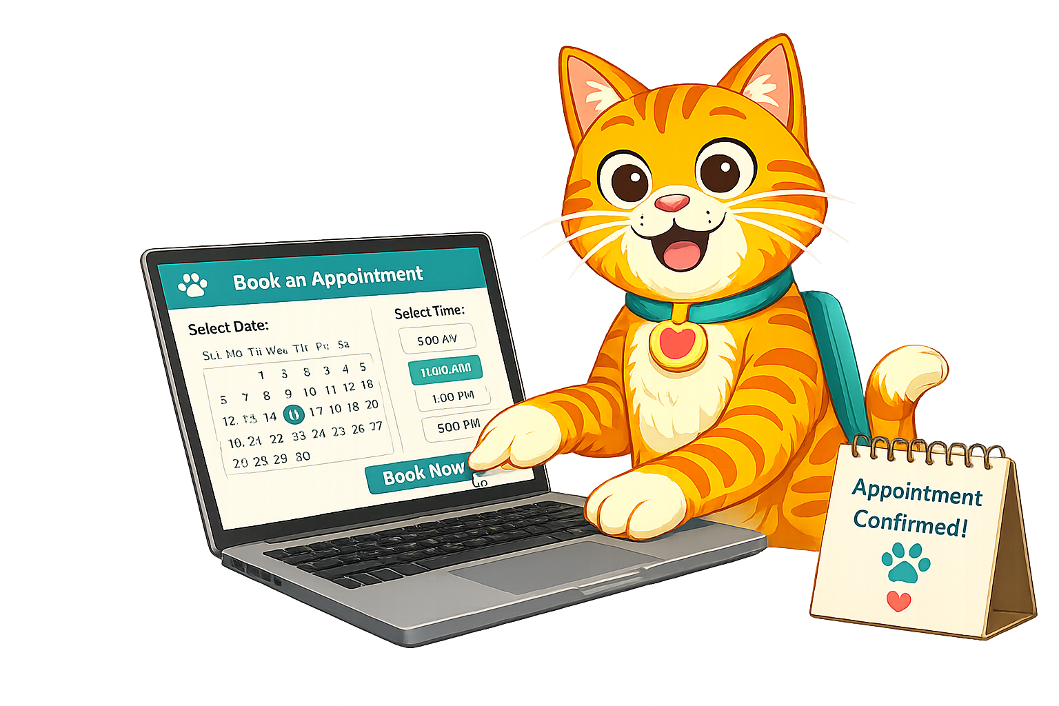 A cartoon orange tabby cat with big eyes and a blue collar sits in front of a laptop, pointing at the screen. The laptop displays a scheduling appointment page. Next to the cat is a small desk sign that reads 'Appointment Confirmed!' with a paw print and a heart symbol.