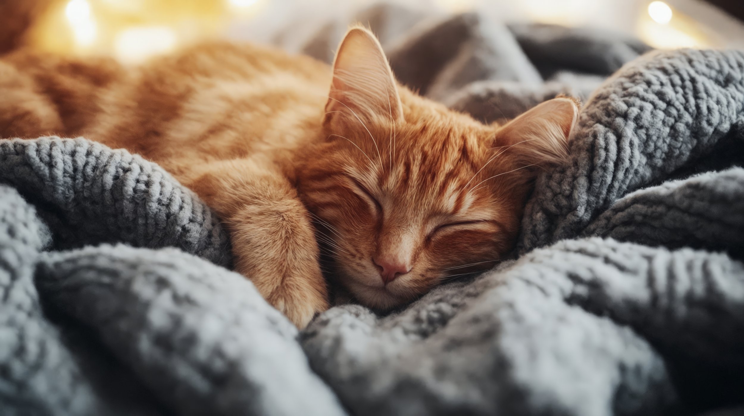 A ginger tabby cat sleeping peacefully on a soft, gray, textured blanket.
