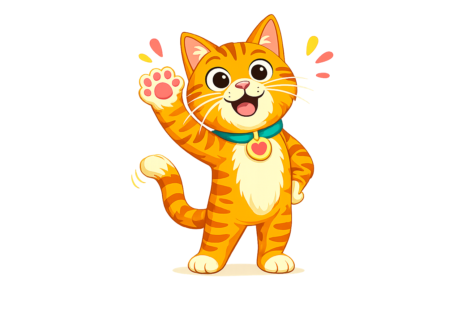 A cheerful cartoon orange tabby cat with white fur on its chest and paws, wearing a blue collar with a pink heart pendant. The cat is waving with its right paw, showing a pink paw pad, and has large, expressive eyes and a happy expression.