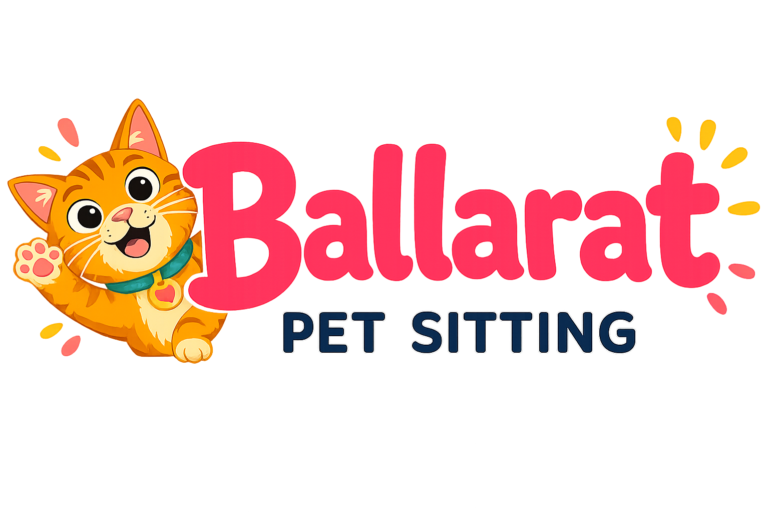 Bright, colorful sign for 'Baltarat Pet Sitting' with a cartoon orange kitten waving and smiling.