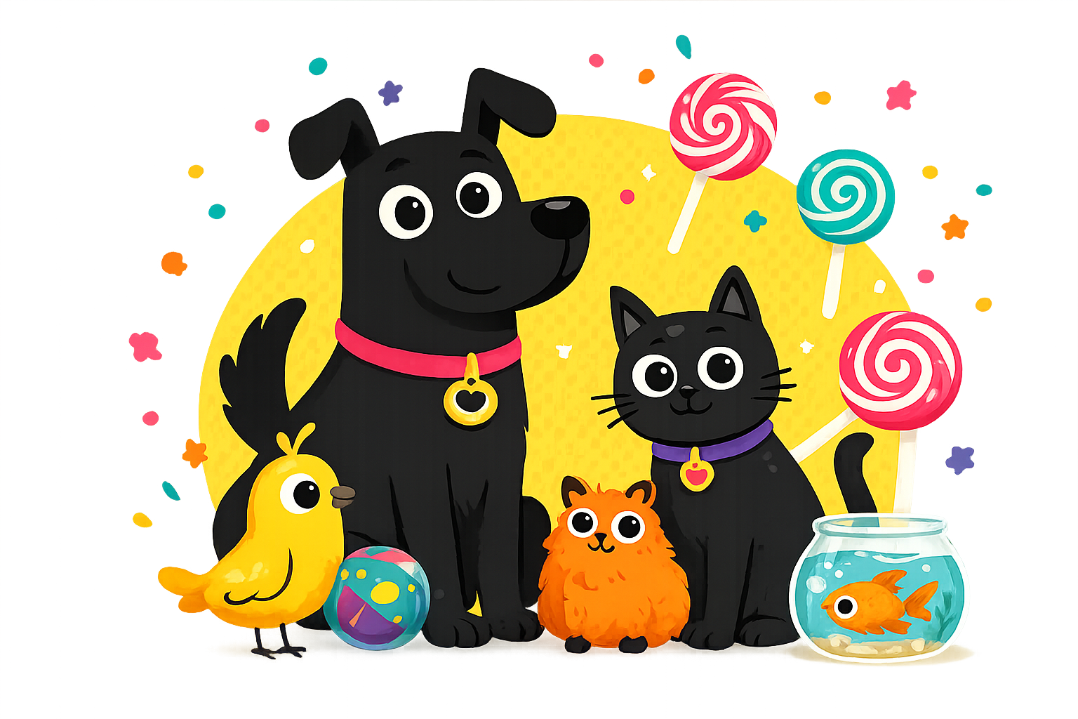 Cartoon illustrations of a black dog, a black cat, a yellow chick, and an orange fish in a bowl, with colorful lollipops, a ball, and confetti in a playful setting.