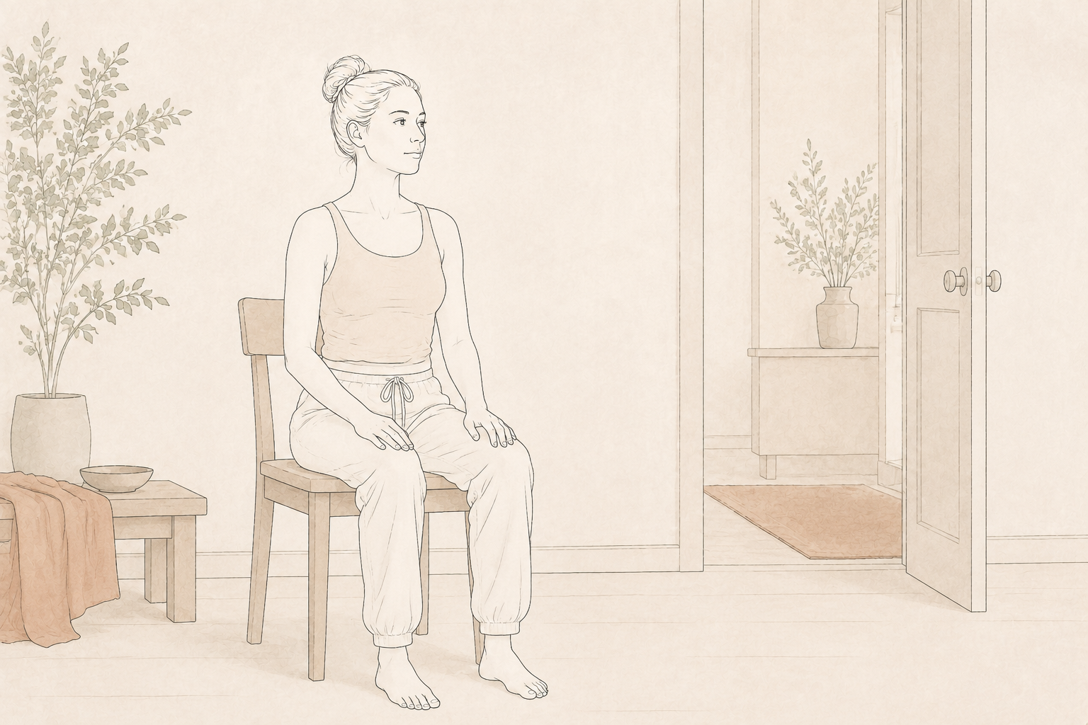 A woman sitting on a wooden chair in a minimalist room, with a large potted plant to her left and a small table with a bowl and cloth to her right. The room has neutral tones and an open door leading to another space.