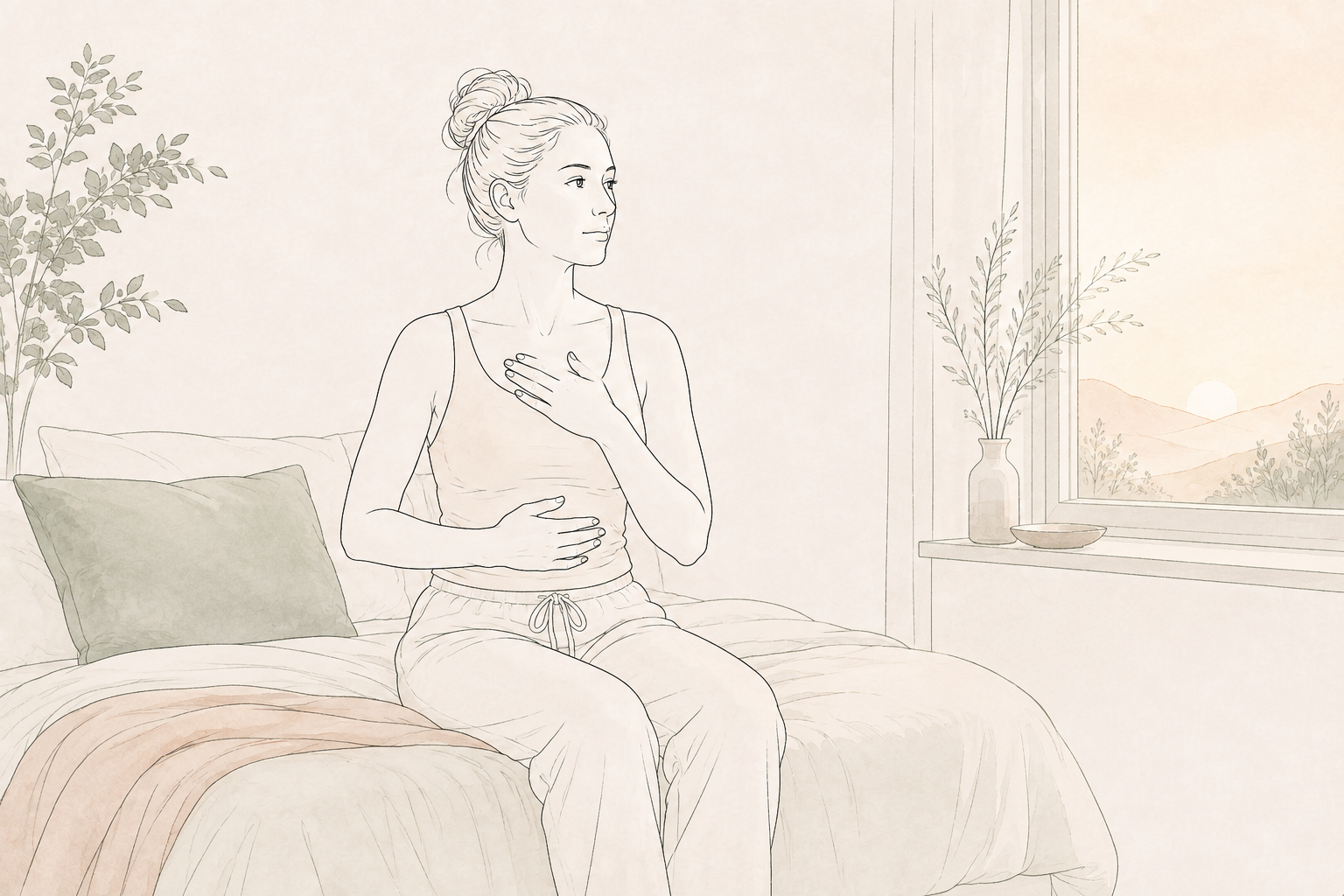 Line drawing of a woman sitting on a bed near a window, touching her chest with one hand and her stomach with the other, with plants and mountains in the background.