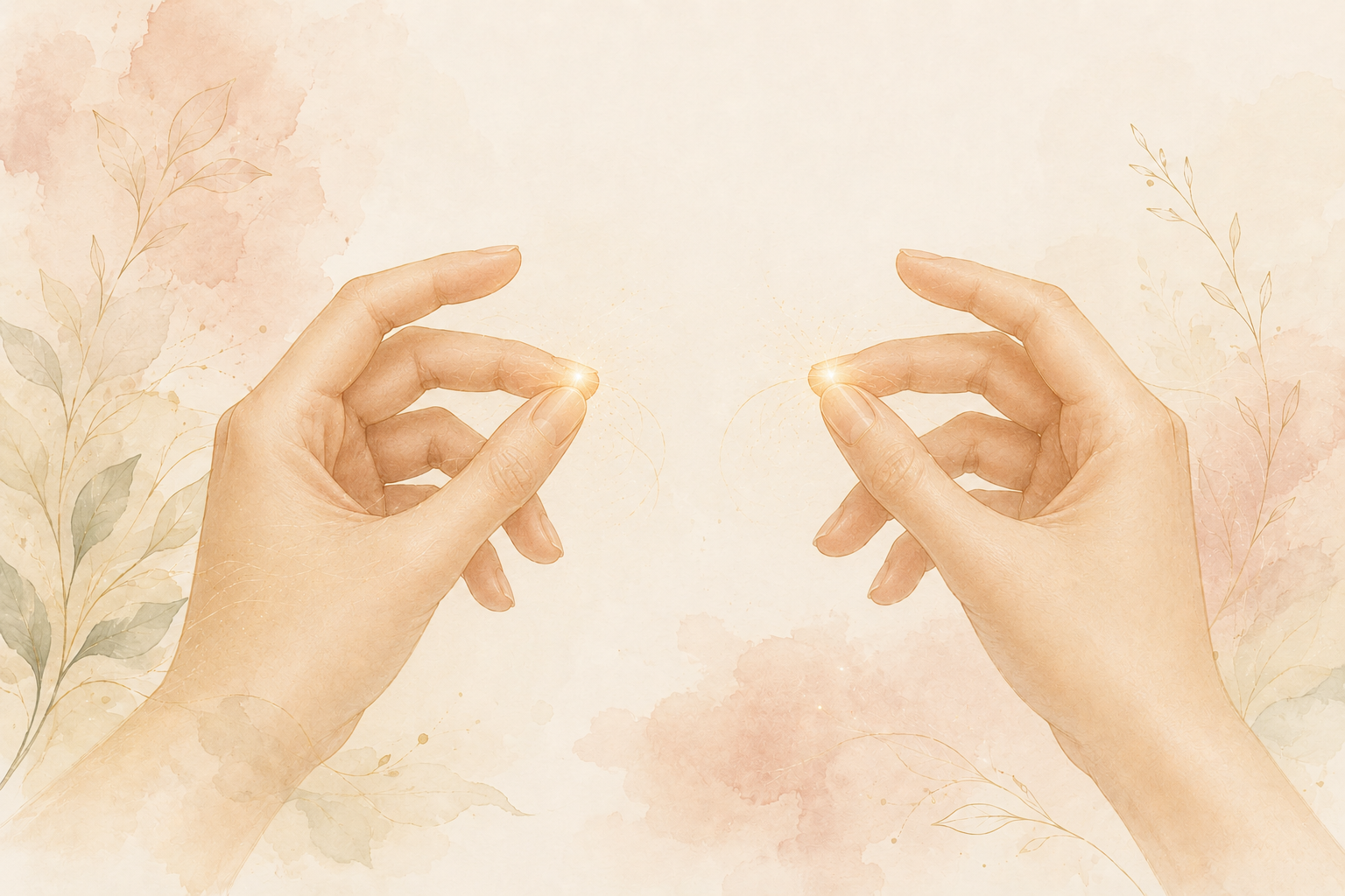 Two hands delicately pinching tiny glowing lights with a soft, pastel-colored background and faint botanical illustrations.