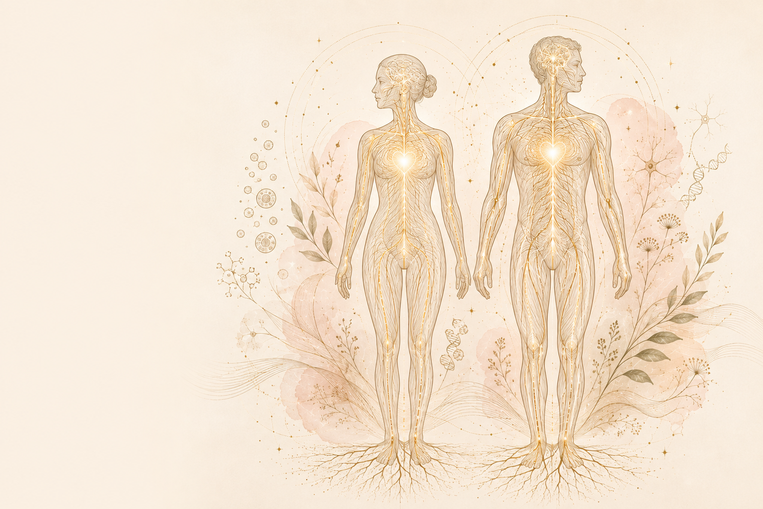 Illustration of male and female human bodies with nervous system highlighted in gold, surrounded by botanical and scientific elements.