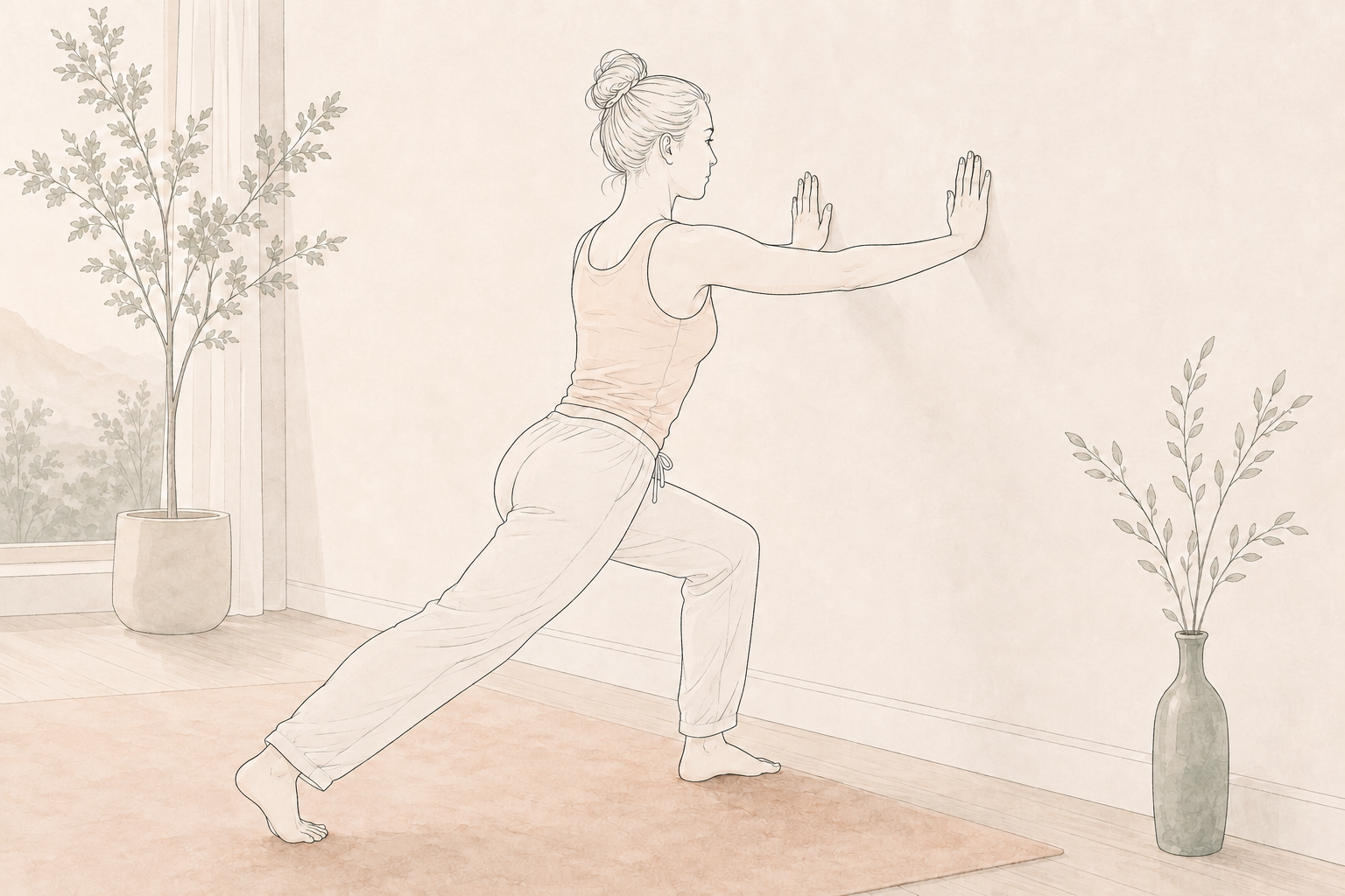 A woman practicing yoga indoors, performing a Warrior pose with arms extended forward and one leg bent at the knee, on a yoga mat with potted plants in the background.