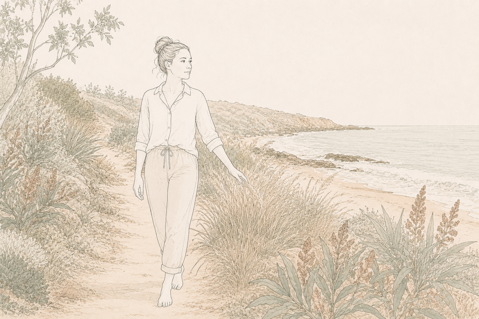 Illustration of a woman walking barefoot on a beach path near the ocean, wearing a long-sleeved shirt and relaxed pants, surrounded by plants, with the ocean and a rocky shoreline in the background.