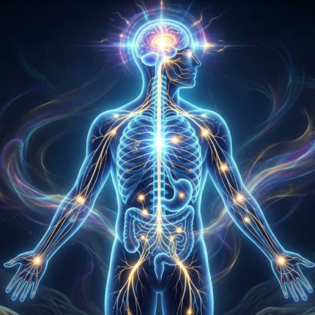 Digital illustration of a human body with illuminated nerves and brain, highlighting the nervous system in a glowing, futuristic style.