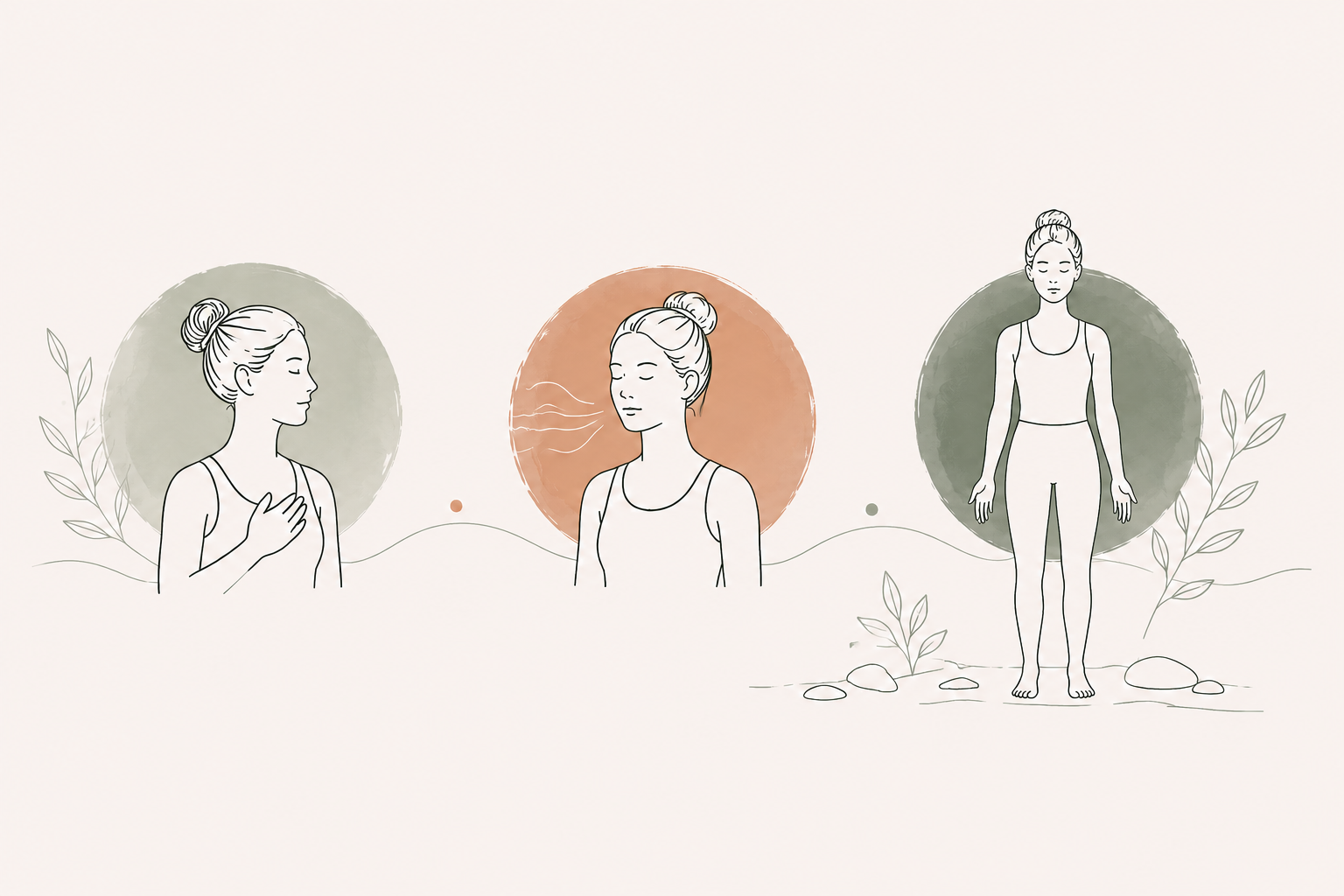 A line drawing of a woman practicing mindfulness and breathing exercises, with each pose shown in circles against a minimal background with leaves.