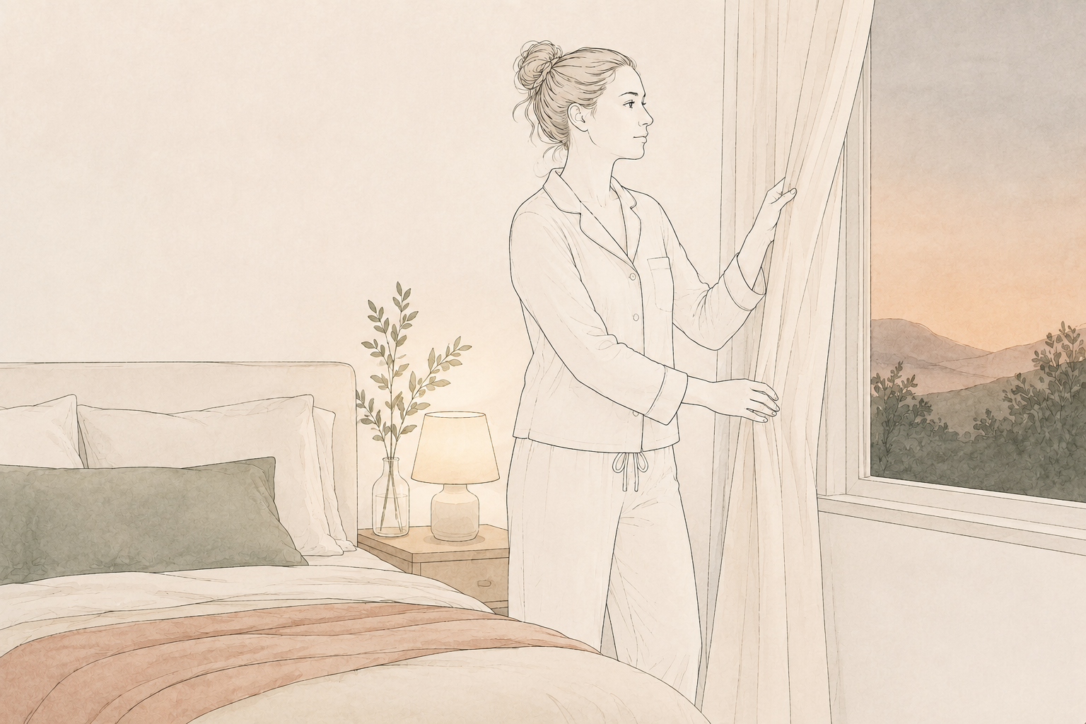 A line drawing of a woman in pajamas opening a window with curtains in a bedroom, with a bed, pillows, nightstand, and lamp visible, and a mountain landscape outside at sunset.