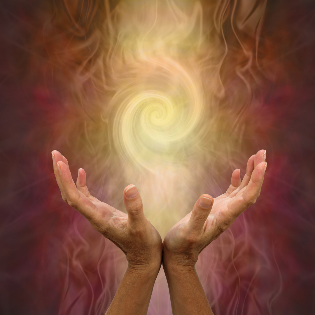 Two hands with palms facing up, surrounded by swirling, colorful smoke or energy, with a glowing, swirling light in the center.
