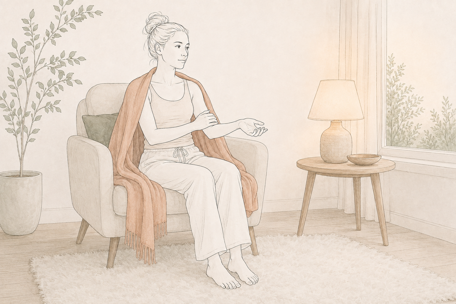 A woman sitting on a beige armchair with a blanket draped over her shoulders, in a softly lit room with a window showing greenery outside, a wooden side table with a lamp and a bowl, a potted plant, and a fluffy white rug.