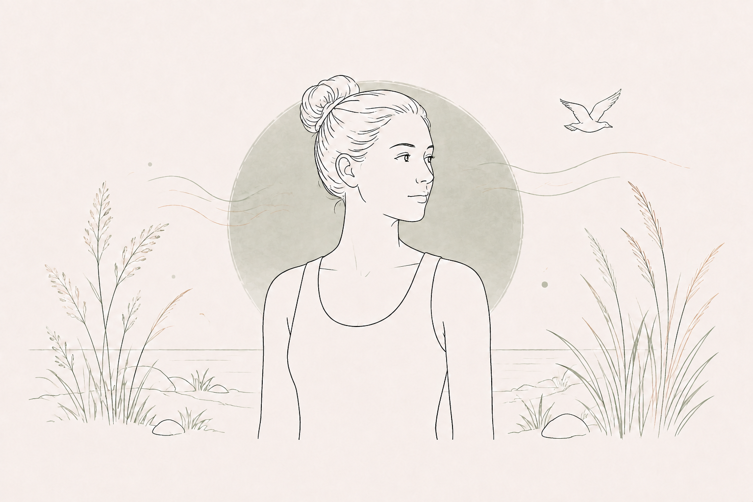 Line drawing of a woman with her hair in a bun, in front of a circular background, with reeds, rocks, and a flying bird in a minimalistic landscape design.