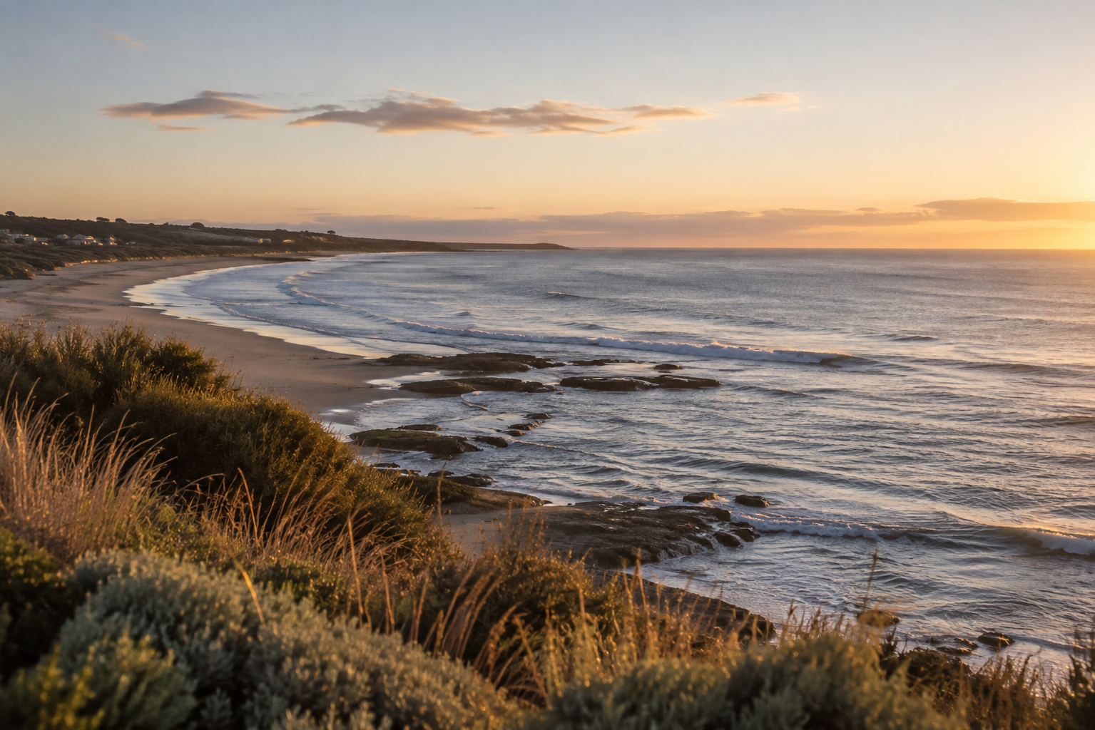 A scenic view of a beach at sunset with rocks in the foreground and a coastline stretching into the distance.