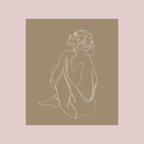 Minimalist line drawing of a nude woman sitting with her back arched and head tilted back.