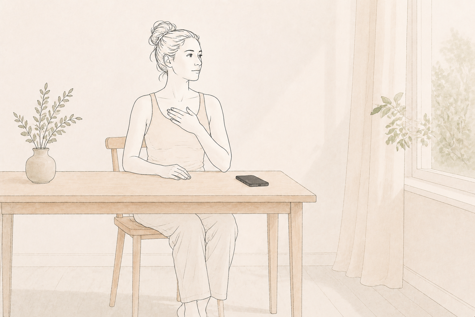 A woman sitting at a wooden table with a smartphone on it, touching her chest with one hand, in a softly lit room with a window and a potted plant.