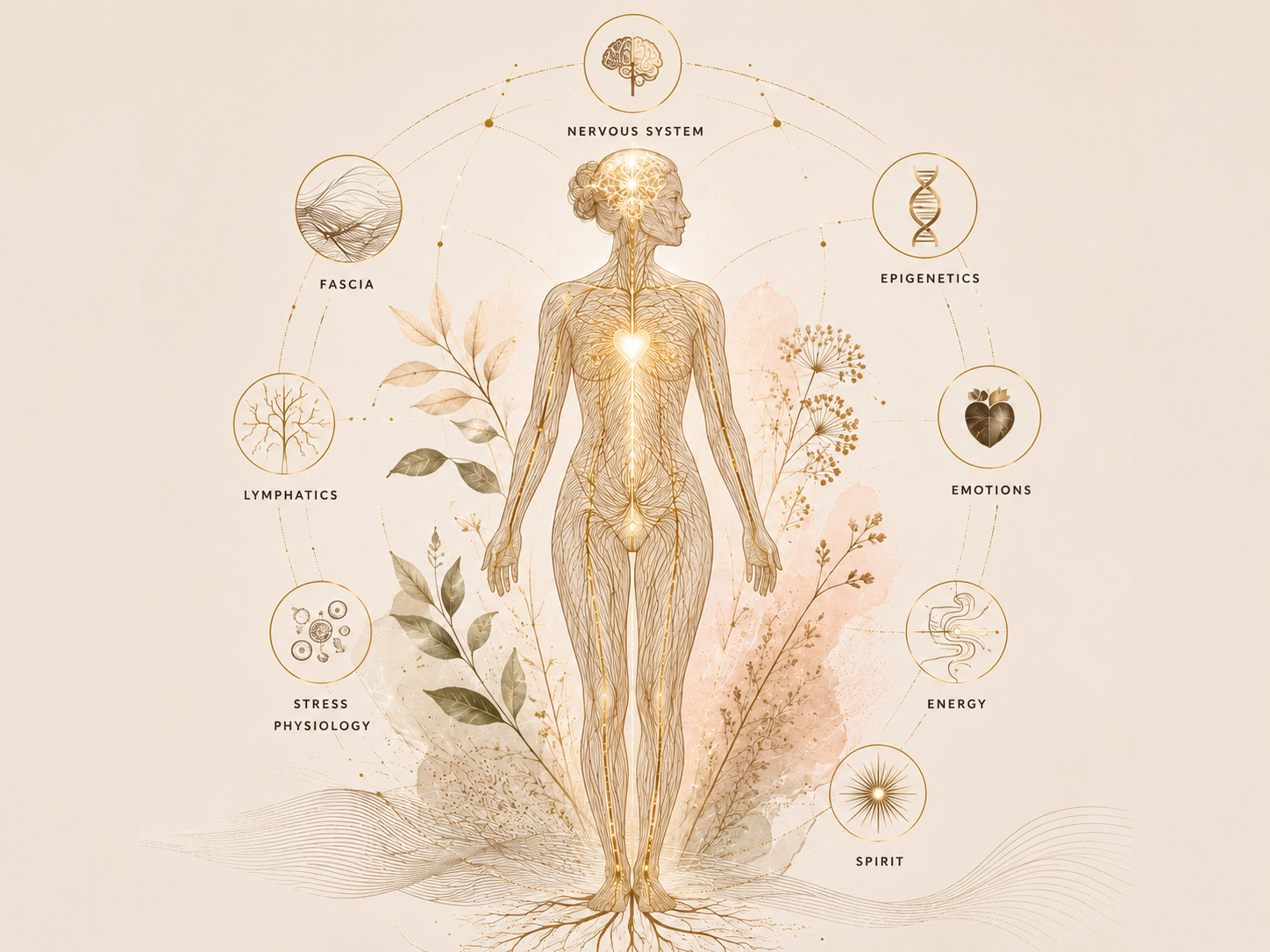 An illustration of the human body highlighting the nervous system, with surrounding icons representing fascia, lymphatics, stress physiology, epigenetics, emotions, energy, and spirit.