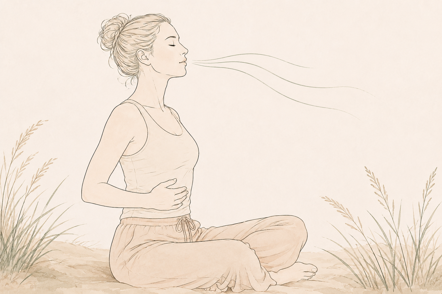 A minimalistic illustration of a woman practicing meditation outdoors, seated cross-legged on the ground with eyes closed, moisture or energy emanating from her mouth, and some grass around her.