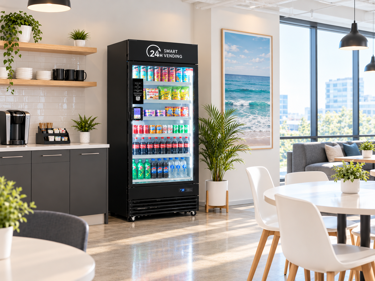 Smart vending machine inside an office break room to increase employee satisfaction. Offering convenient snack, drink, and meal options for employees and staff.