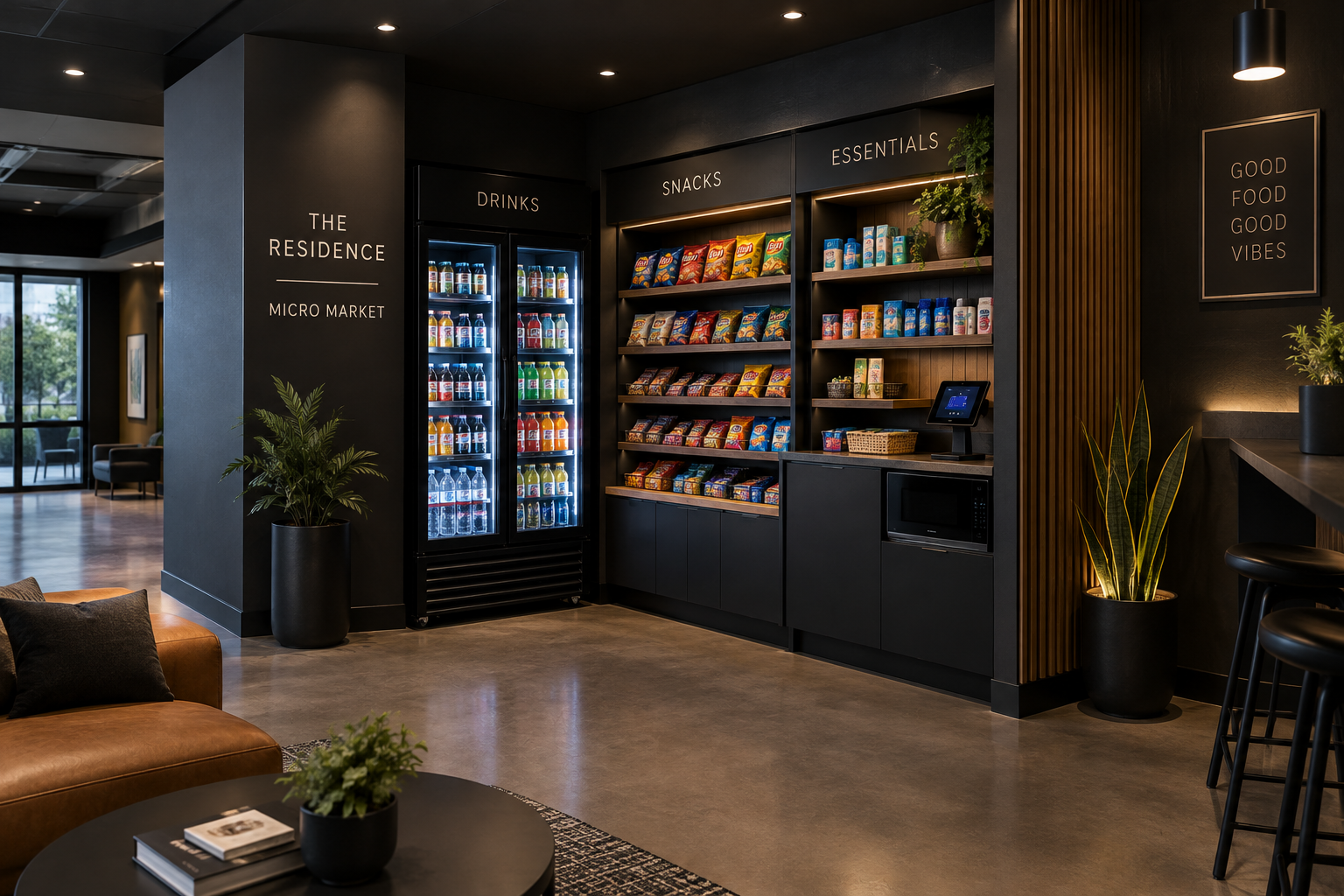 Luxury residential micro market serving as a convenient amenity for tenants. The clean set up creates a luxury feel.