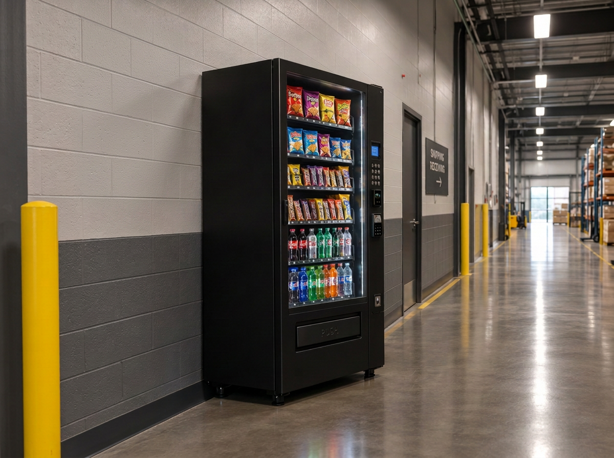 Modern vending machine in a warehouse hallway, providing convenient access to snacks and drinks. Ideal for employers looking to add refreshments and snacks to their workplace for employees and staff.