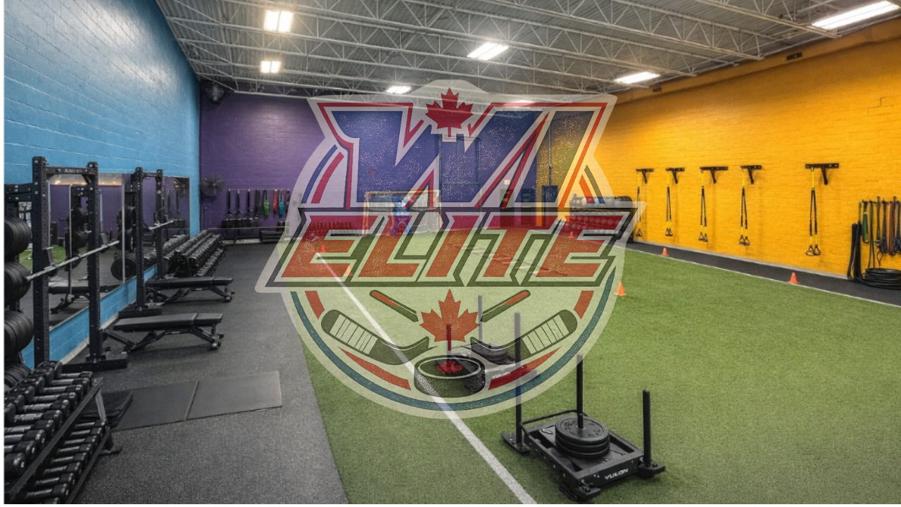 Indoor gym with blue, purple, and yellow walls, equipped with weight racks, benches, resistance bands, and a turf area for training, with a large "Canada Elite" logo overlay.