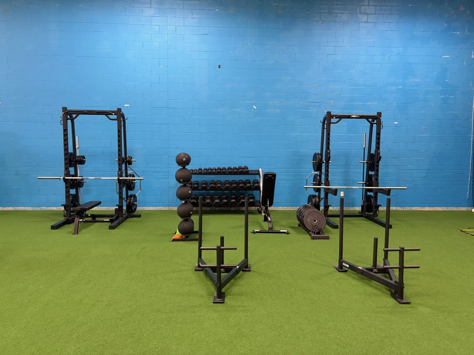 An empty gym with black workout equipment, including squat racks, a dumbbell rack, medicine balls, weight plates, and battle ropes, against a blue brick wall and green turf flooring.