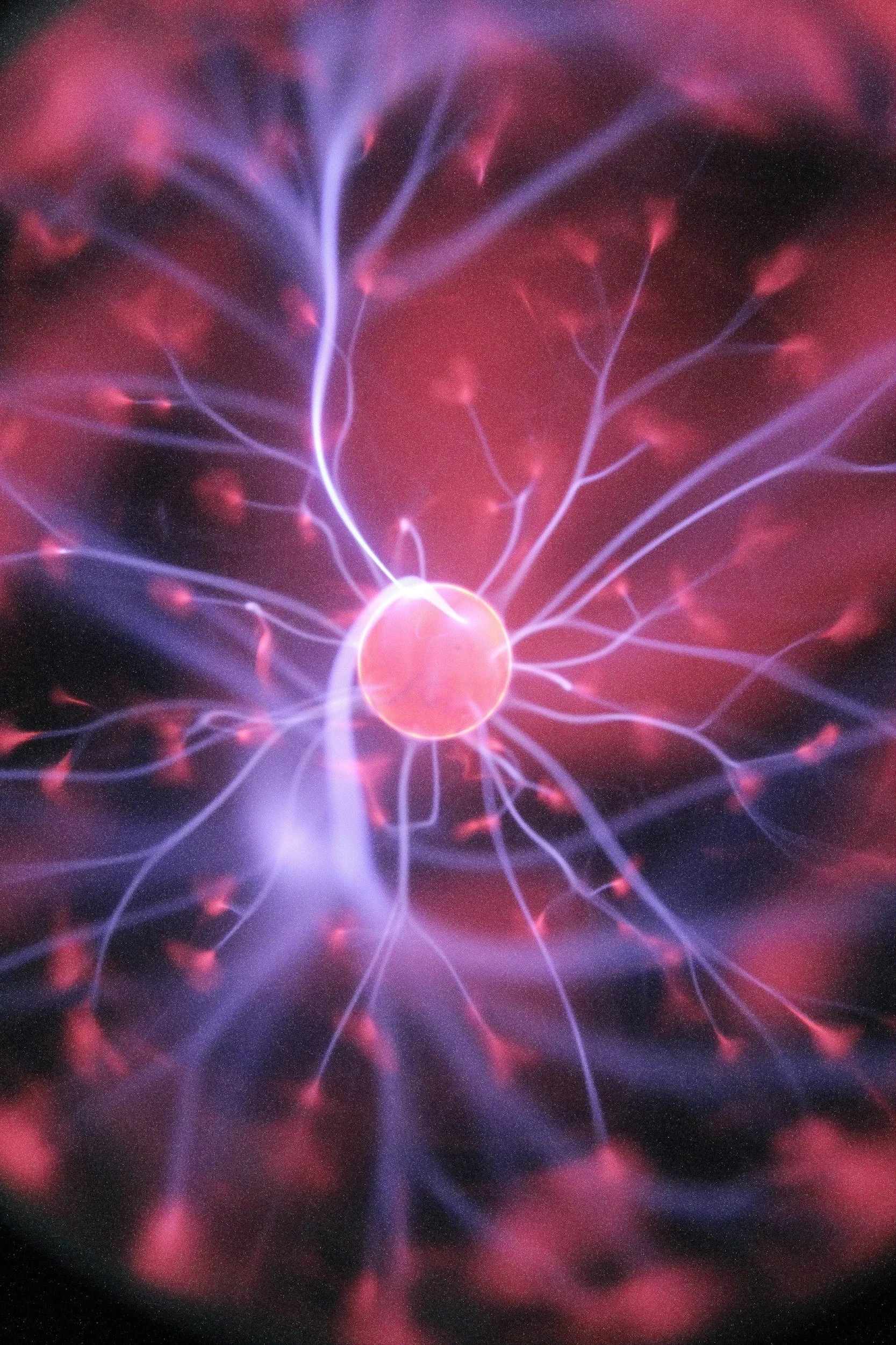 Close-up image of a plasma ball with pink and purple electrical discharges emanating from a central sphere against a dark background.