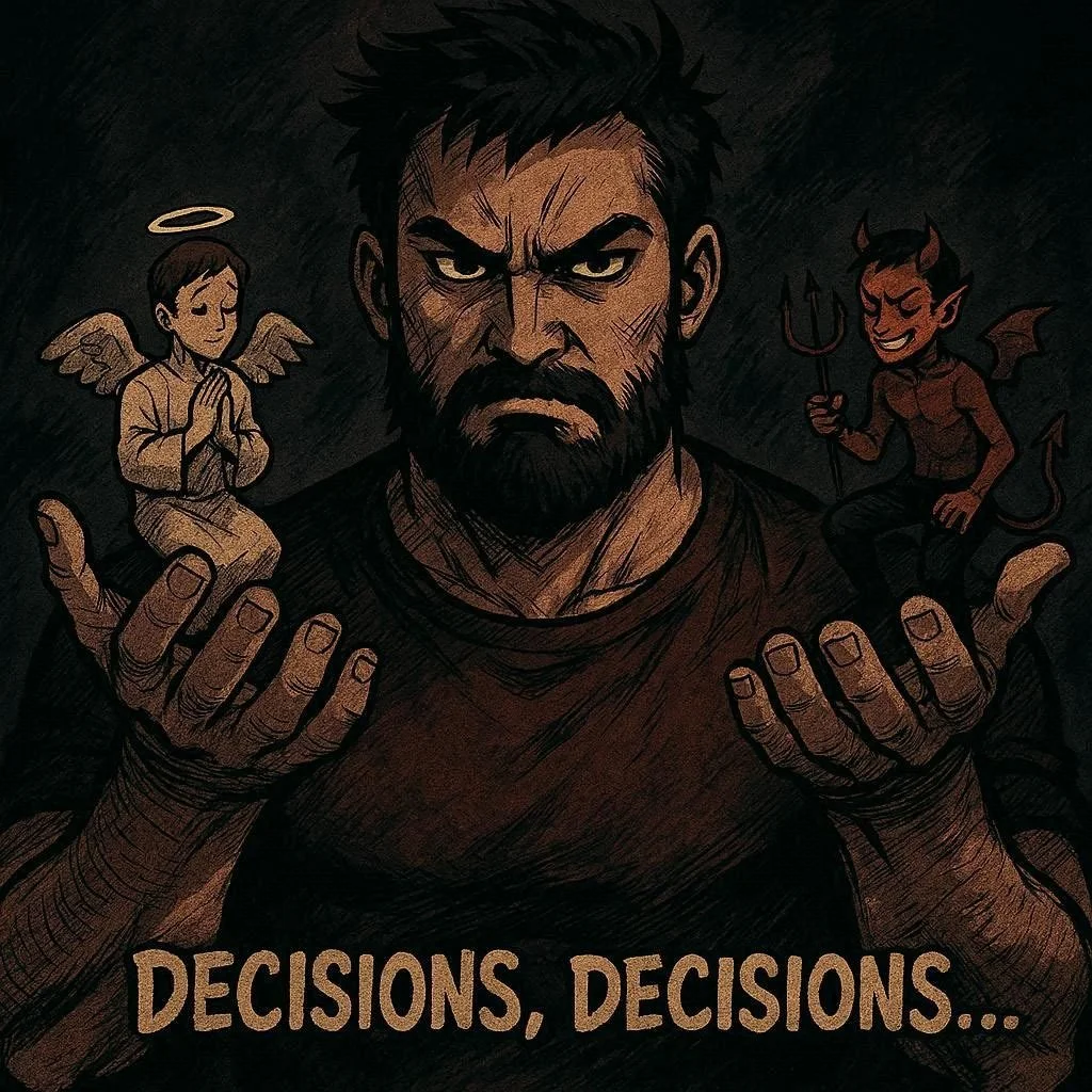 A dark-themed drawing of a man with a beard and intense expression, holding out his hands. On his left hand, there is a small angel with a halo, and on his right hand, a small devil with horns and a tail. The text at the bottom says 'DECISIONS, DECISIONS...'