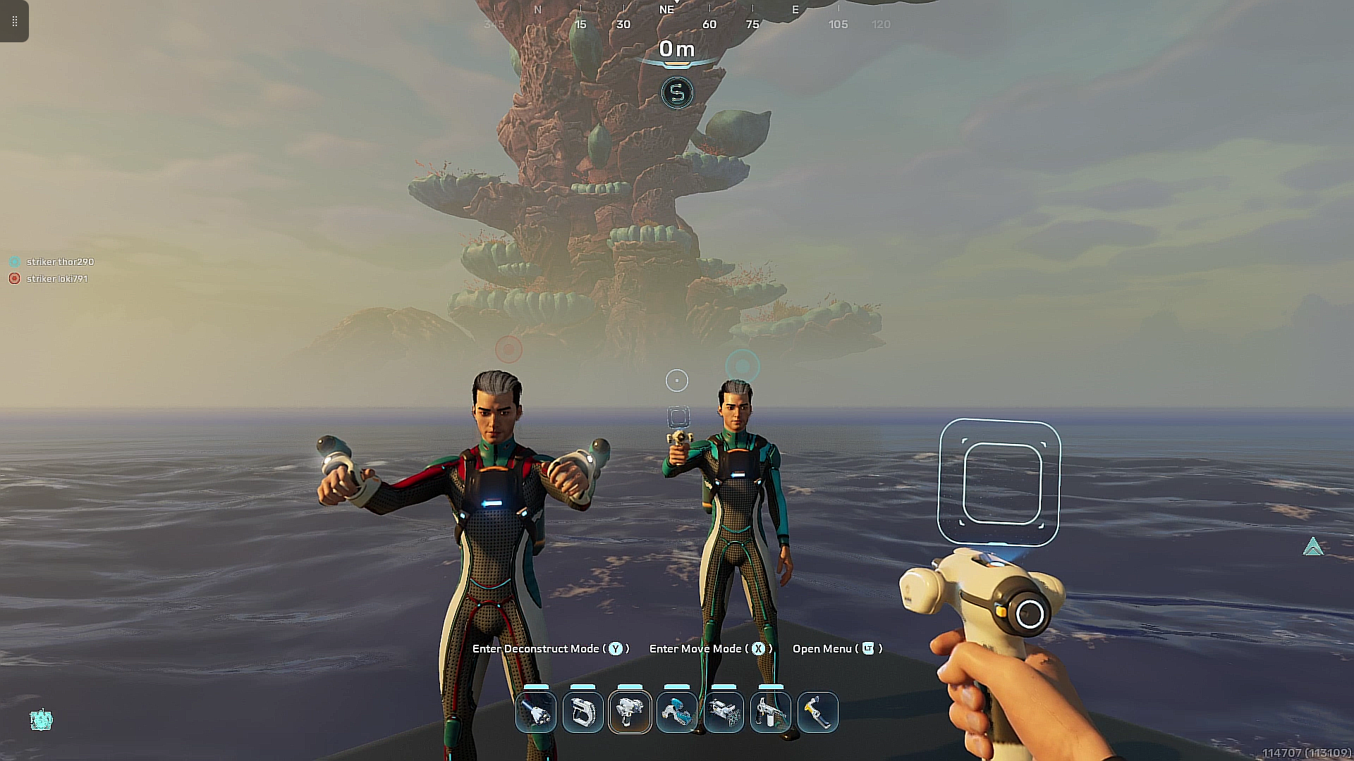 Two characters in futuristic suits holding pistols stand on water with a floating landmass in the background, featuring a tall, rocky formation with large, green, shell-like structures and smaller floating land masses.