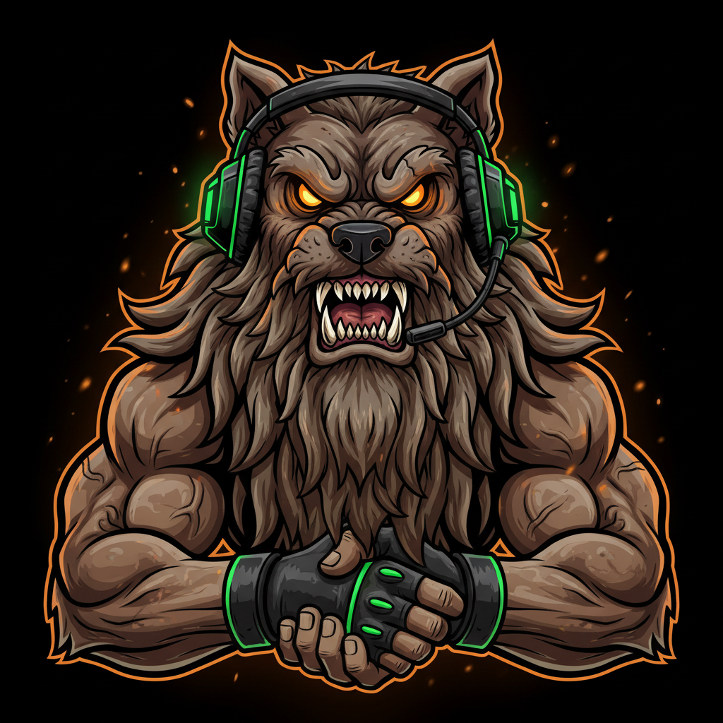 A fierce, muscular beast with a wolf's head and human-like muscular arms, wearing a gaming headset and fingerless gloves, snarl with glowing orange eyes against a black background with glowing embers.