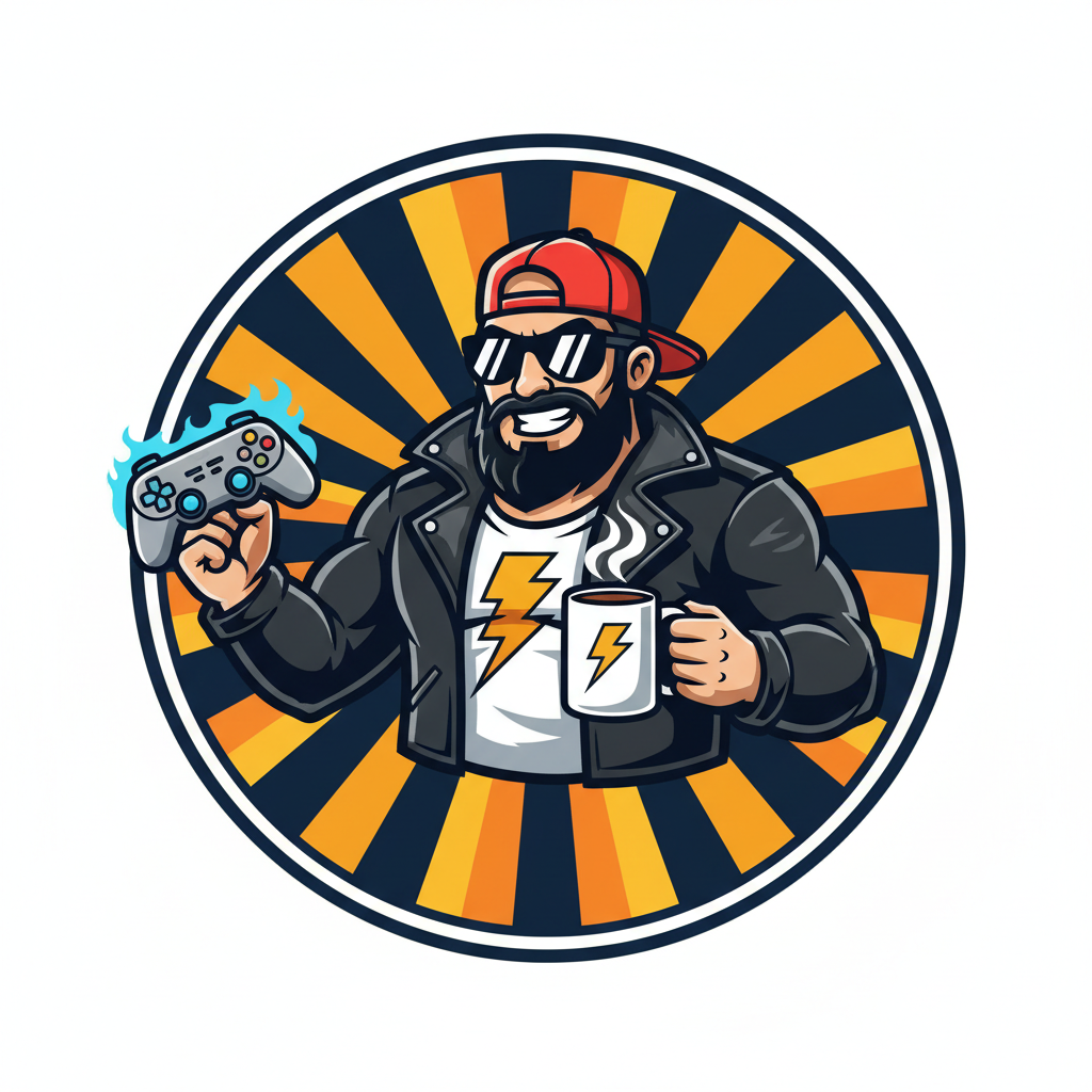 Cartoon character with a beard, sunglasses, red cap, black leather jacket, and a white t-shirt with a yellow lightning bolt, holding a gaming controller and a coffee mug with a lightning bolt symbol, set against a circular background with orange and black rays.