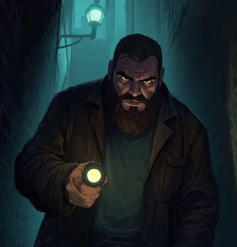 A man with a beard holding a flashlight in a dark, wooded area at night with a streetlamp in the background.