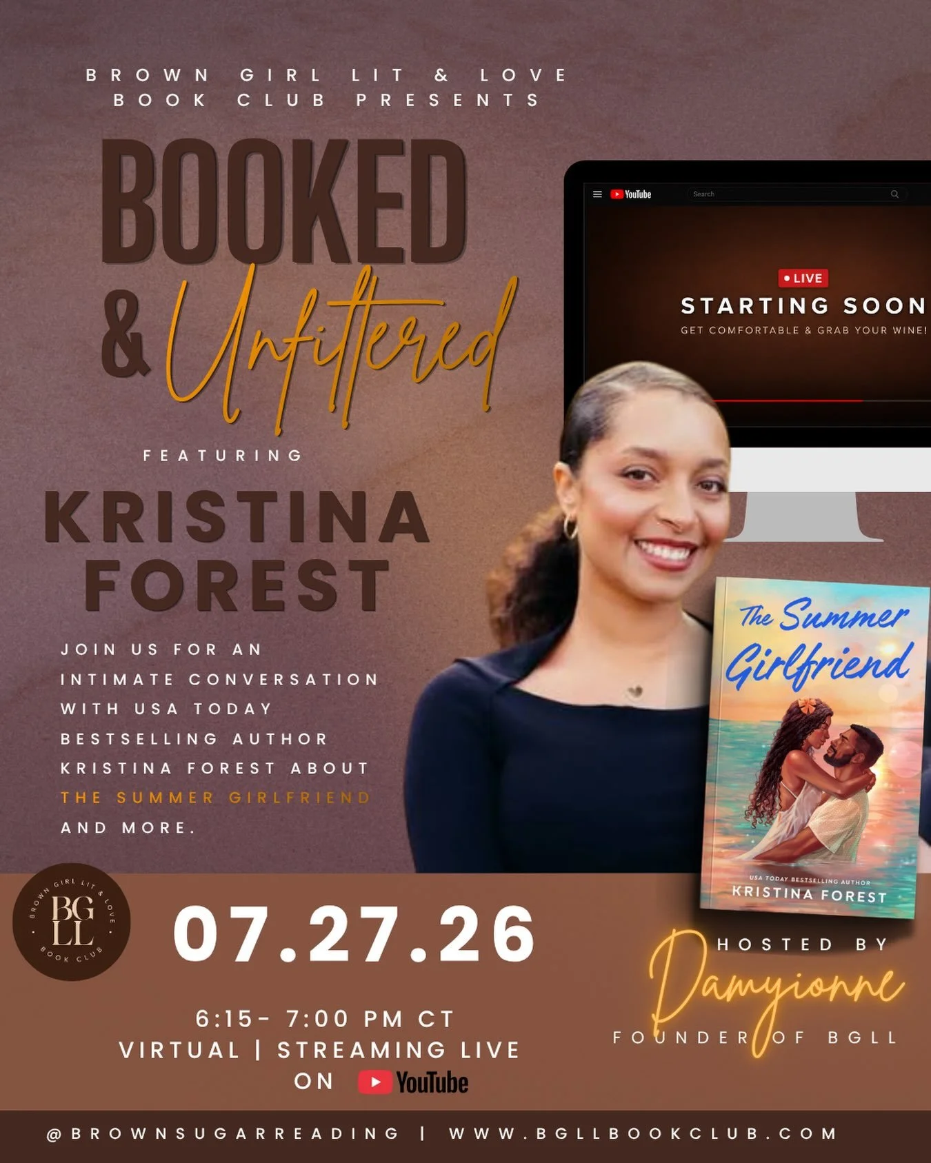 The countdown is on! ⏳💙

We&rsquo;re so excited to welcome @kristinaforest_ to Brown Girl Lit &amp; Love for Booked &amp; Unfiltered. 

See you next Monday!

🎟️ Register at www.bgllbookclub.com.