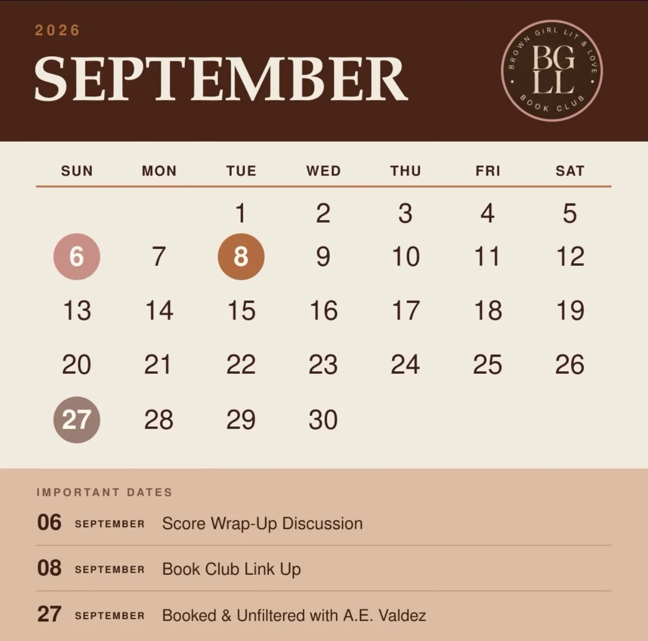 The girls are booked all September&mdash;and yes, I mean literally. 🤎📖

9/6 &mdash; We&rsquo;re wrapping up Score
9/8 &mdash; We&rsquo;re going live for the Book Club Link Up
9/27 &mdash; We&rsquo;re chatting with A.E. Valdez for Booked &amp; Unfil