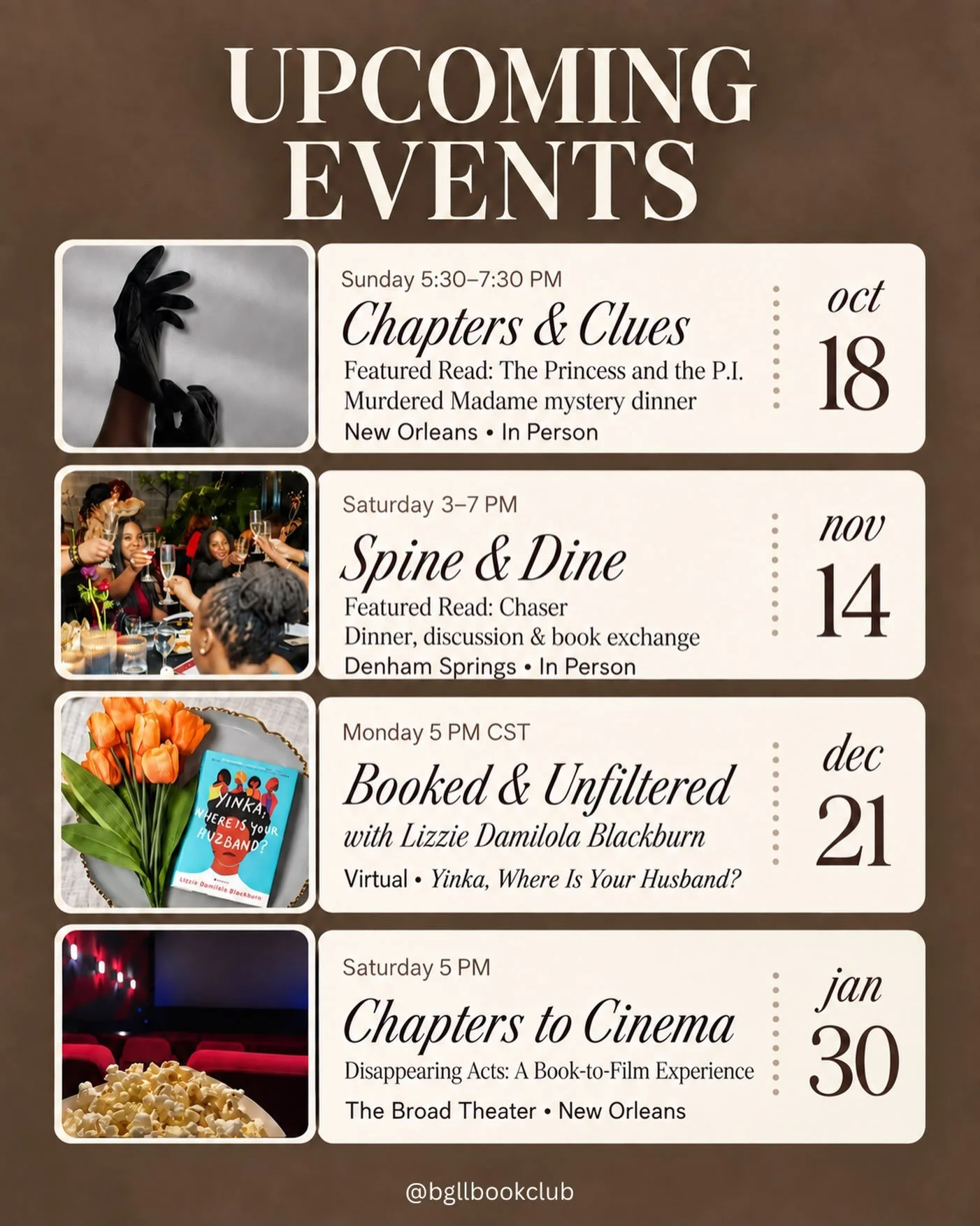 Your next &ldquo;I needed this&rdquo; book club meetup is on the calendar. 🤎📚

A little mystery, dinner with the girls, author chats, and a movie date&mdash;this is our type of clubbing!

Save the dates, send this to your book bestie, and tell us w