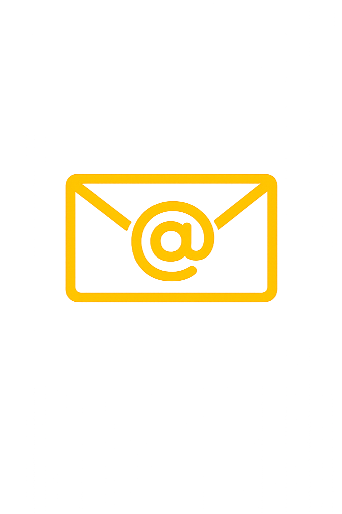 A neon yellow icon of an email envelope with an '@' symbol in the center, glowing against a dark background.