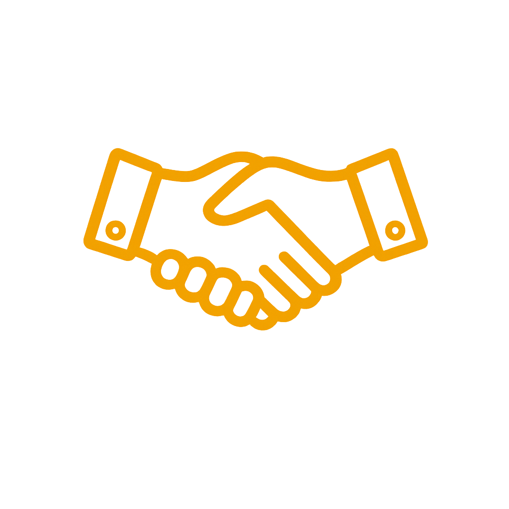 Icon of a handshake in gold color on a black background.