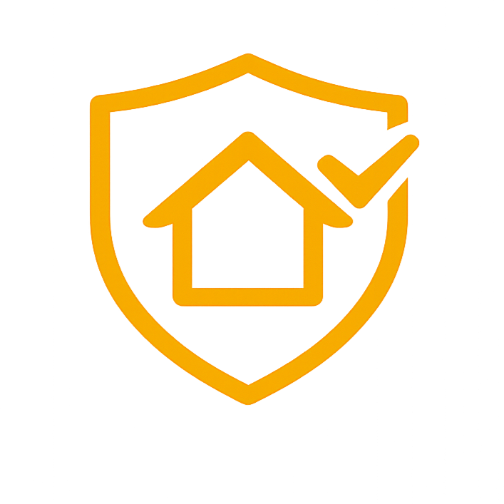 Outline of a house inside a shield with a checkmark in the upper right corner, all in orange.