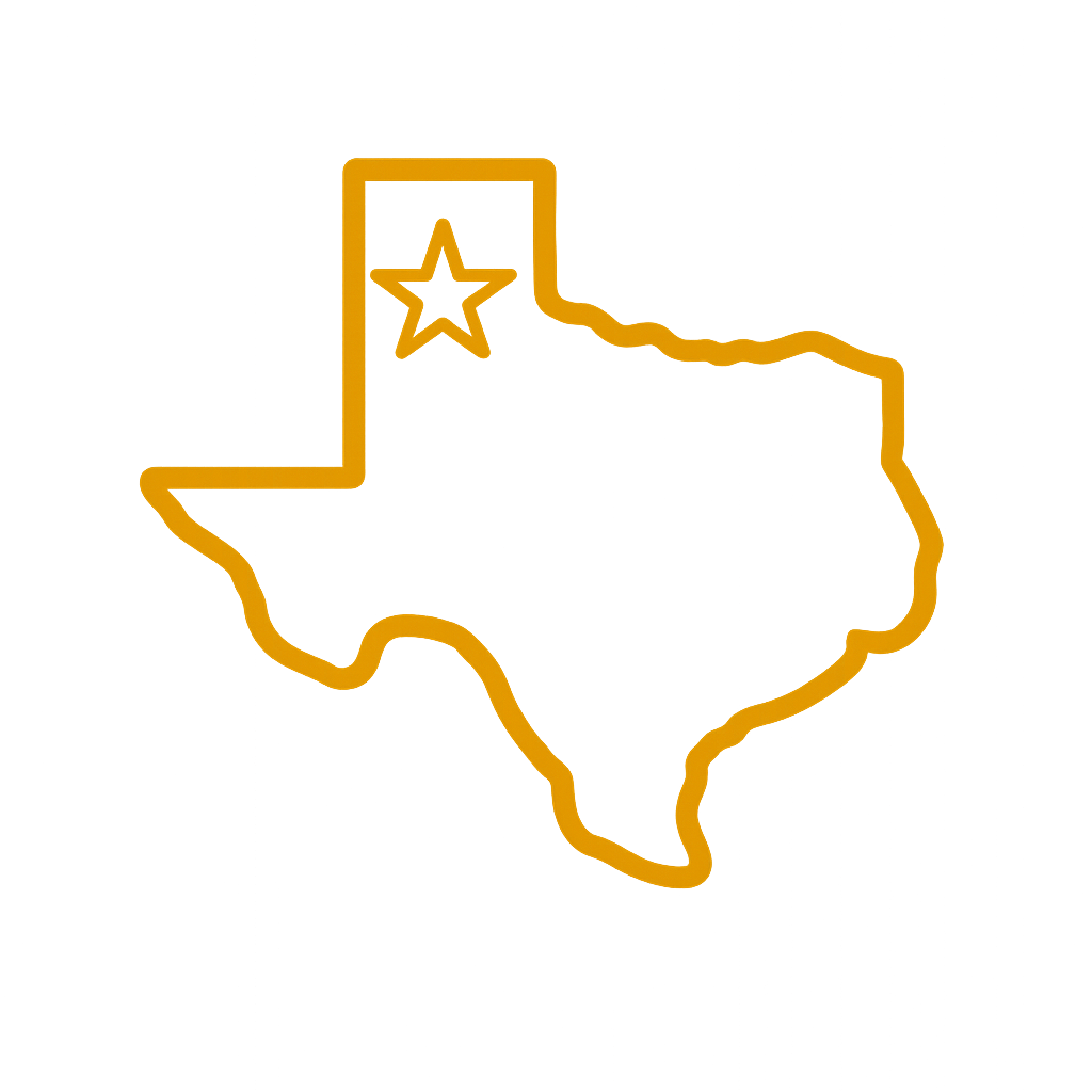 Outline of the state of Texas in gold with a star marking a location in the northern part of the state, on a black background.