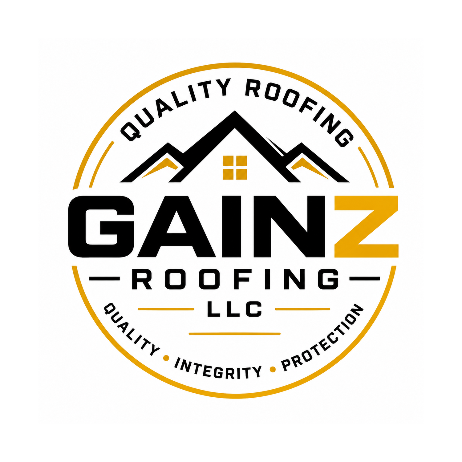 Logo for Gain Z Roofing LLC with a mountain and house design, and words 'Quality Roofing' and 'Protection, Integrity, Quality' in a circular badge.
