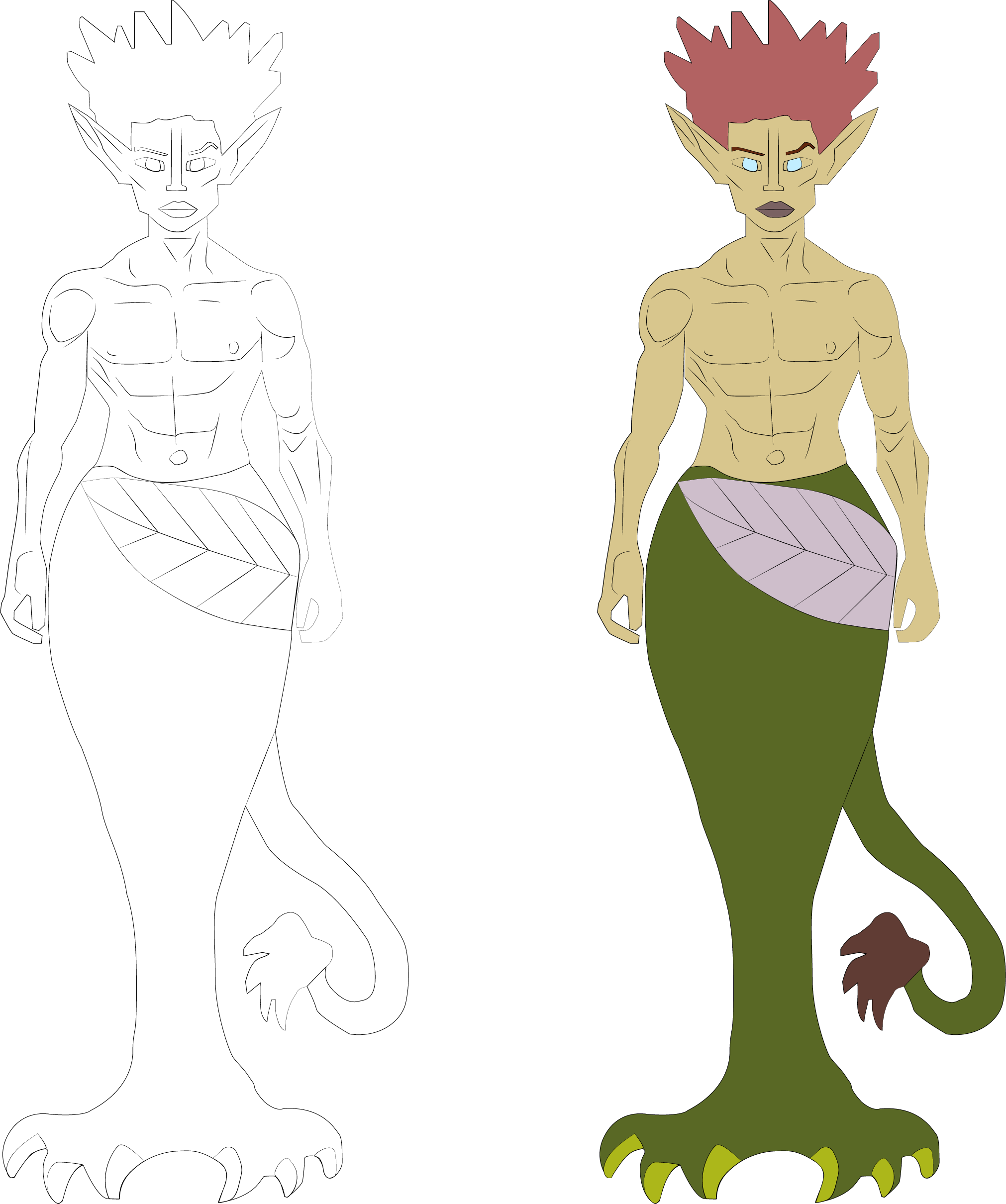 A digital drawing of a humanoid elf creature with pointed ears, spiky red hair, blue eyes, and dark lipstick, wearing a green skirt with a purple leaf pattern and surrounded by a faint outline of the same figure.