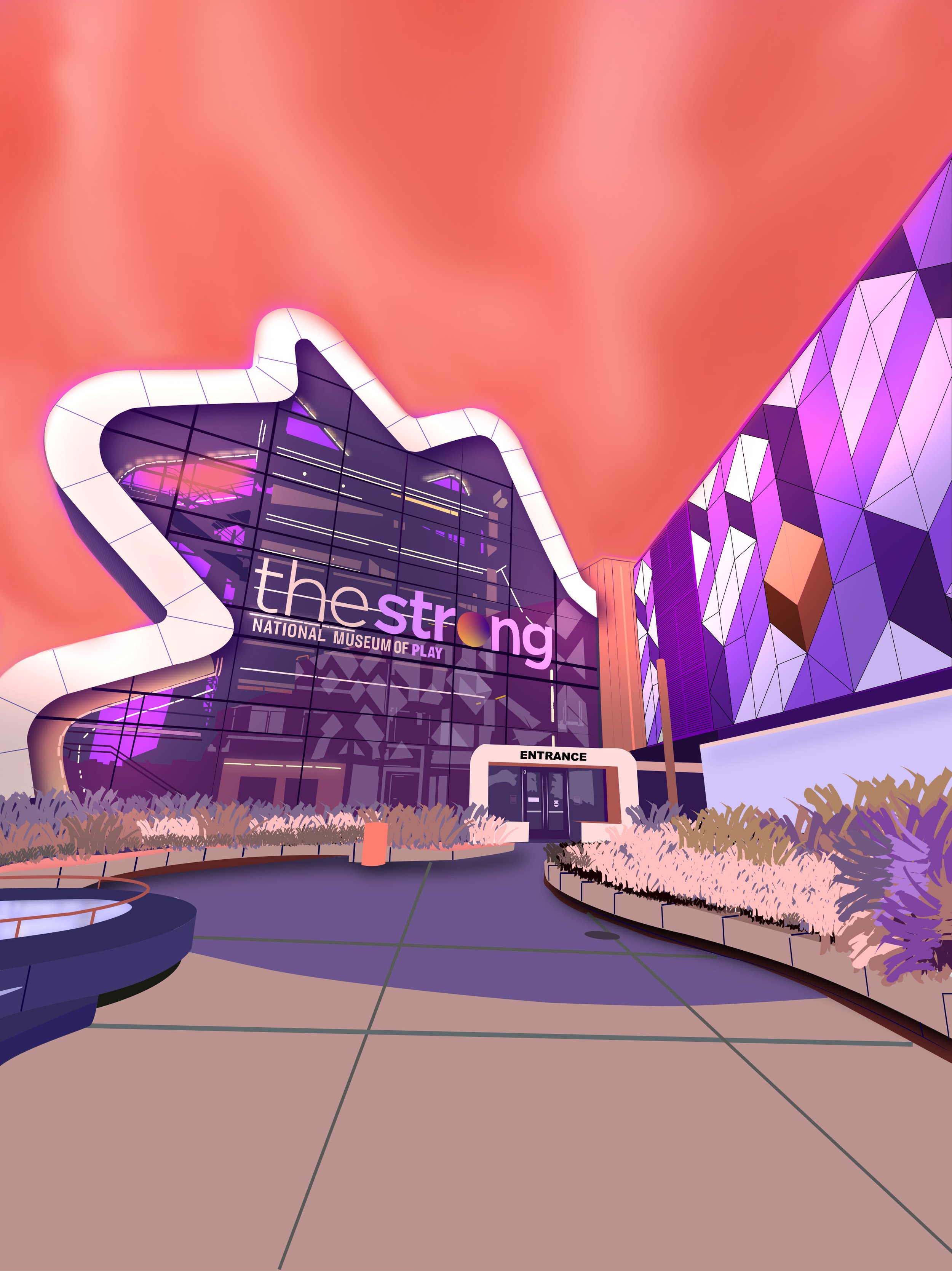 Digital rendering of the National Museum of Play with modern, colorful architecture with fantastical colors.