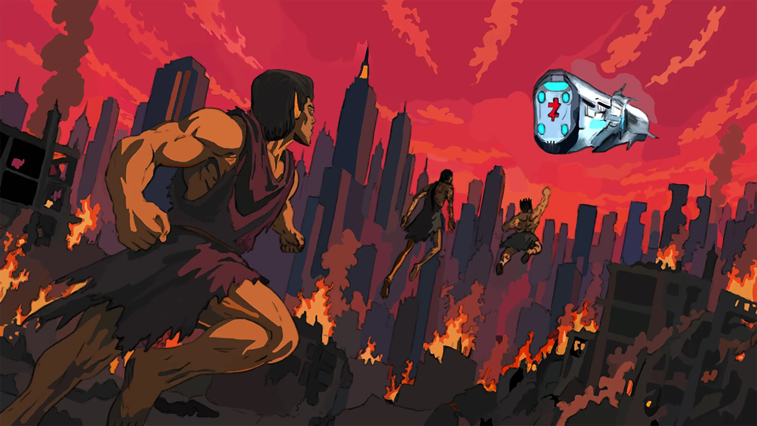 Post-apocalyptic scene with titans flying through a burning city with fire and smoke in the sky, and a flying spaceship overhead.